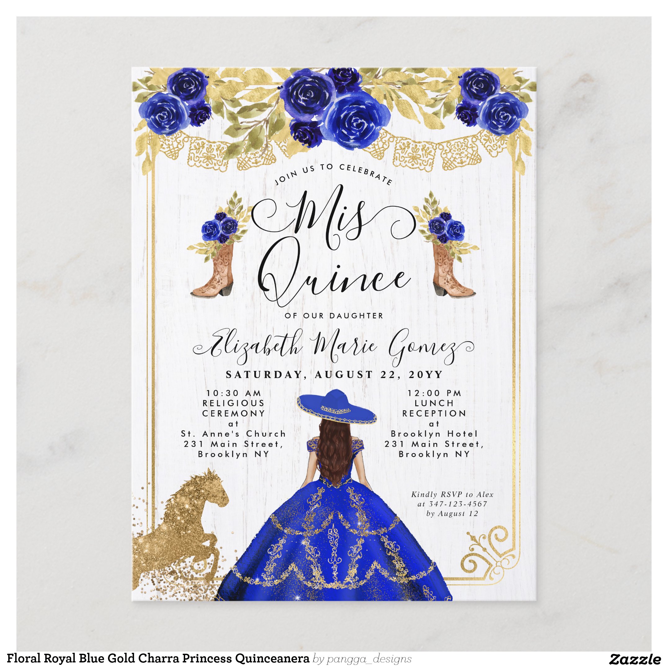 Floral Royal Blue Gold Charra Princess Quinceanera Invitation Postcard
