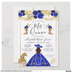 Floral Royal Blue Gold Horse Charra Quinceanera Invitation
