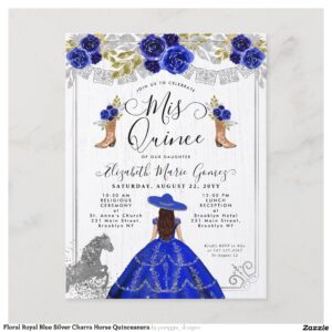 Floral Royal Blue Silver Charra Horse Quinceanera Invitation Postcard