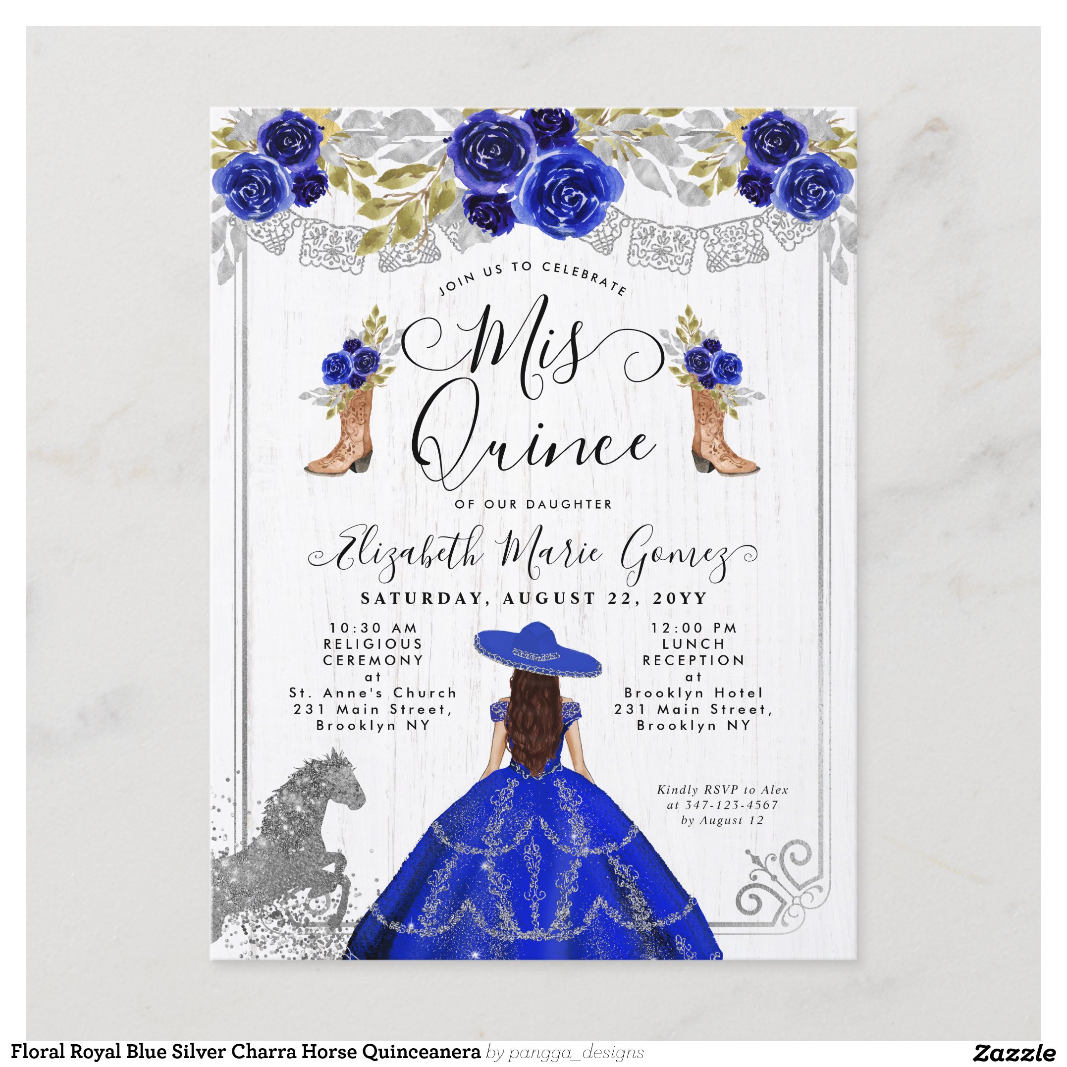 Floral Royal Blue Silver Charra Horse Quinceanera Invitation Postcard