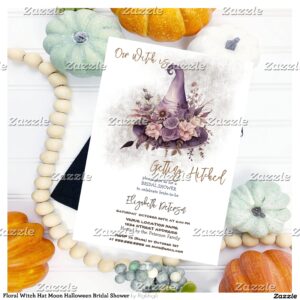 Floral Witch Hat Moon Halloween Bridal Shower Invitation