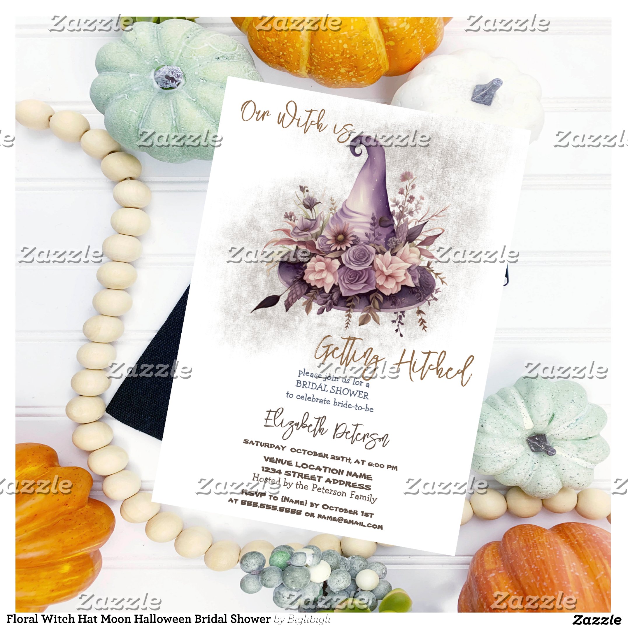Floral Witch Hat Moon Halloween Bridal Shower Invitation
