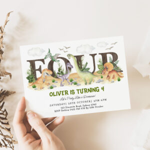 FOUR Boy Dinosaurs 4th Birthday Party Invitation