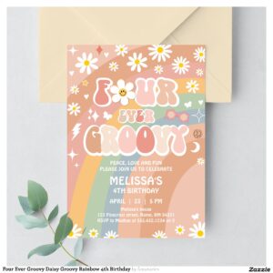 Four Ever Groovy Daisy Groovy Rainbow 4th Birthday Invitation