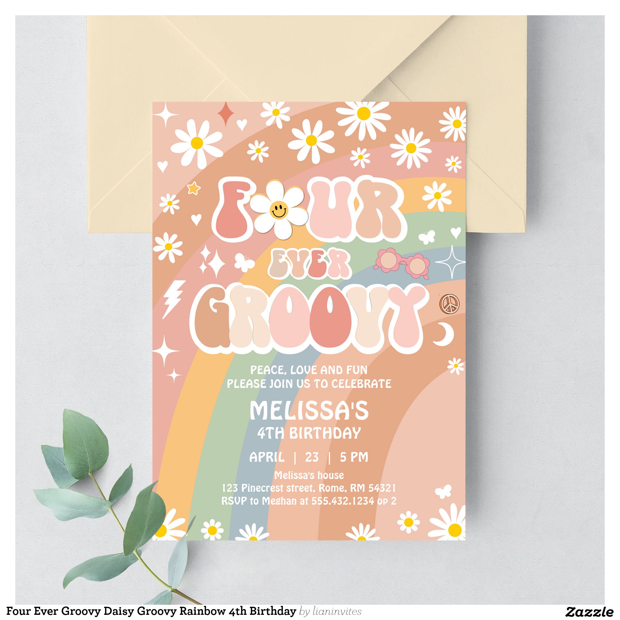 Four Ever Groovy Daisy Groovy Rainbow 4th Birthday Invitation