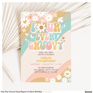 Four Ever Groovy Daisy Hippie 70's Retro Birthday Invitation