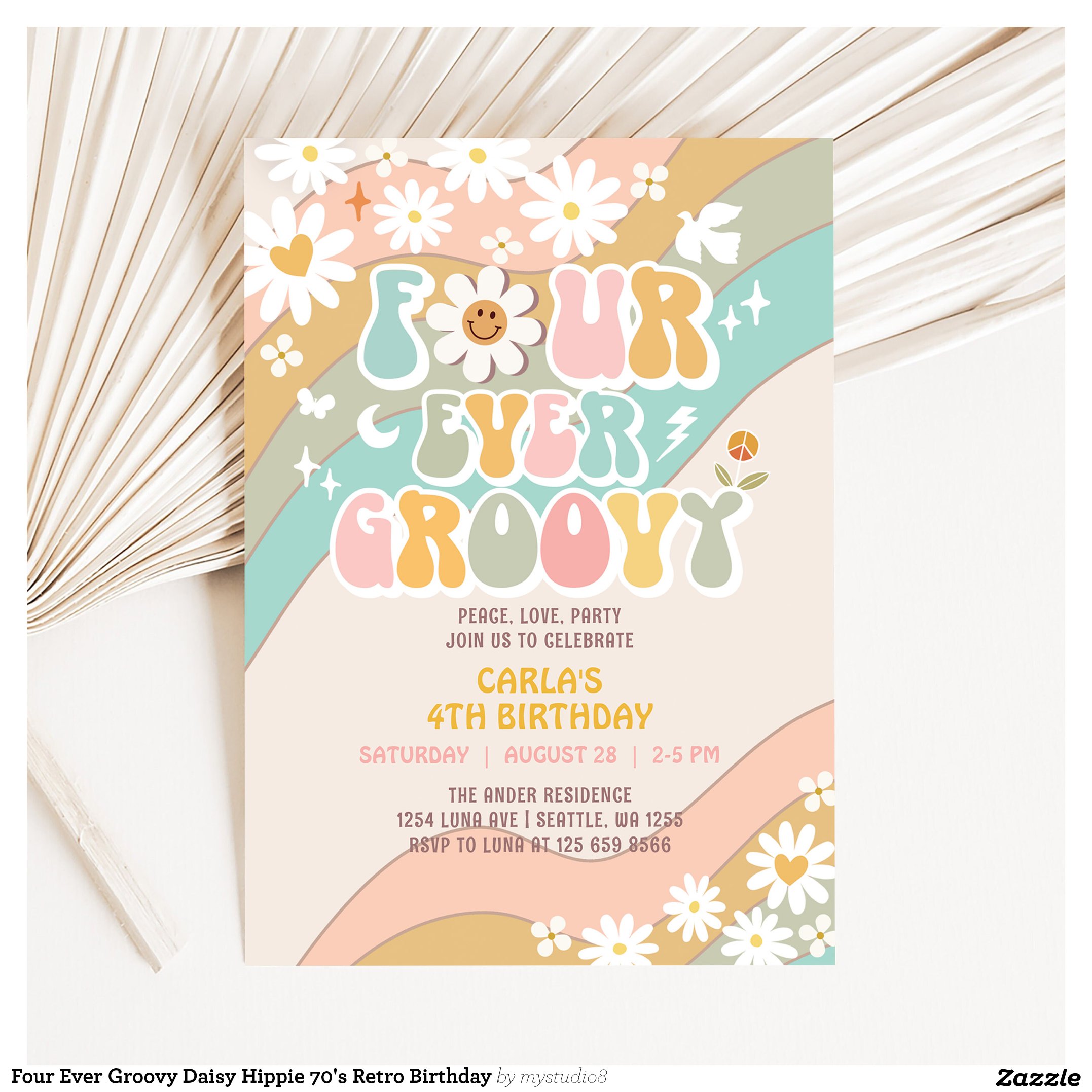 Four Ever Groovy Daisy Hippie 70's Retro Birthday Invitation