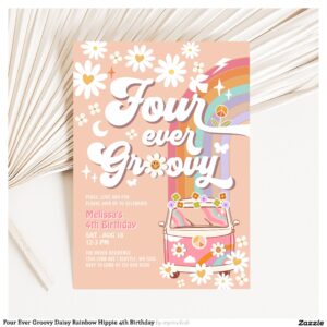 Four Ever Groovy Daisy Rainbow Hippie 4th Birthday Invitation