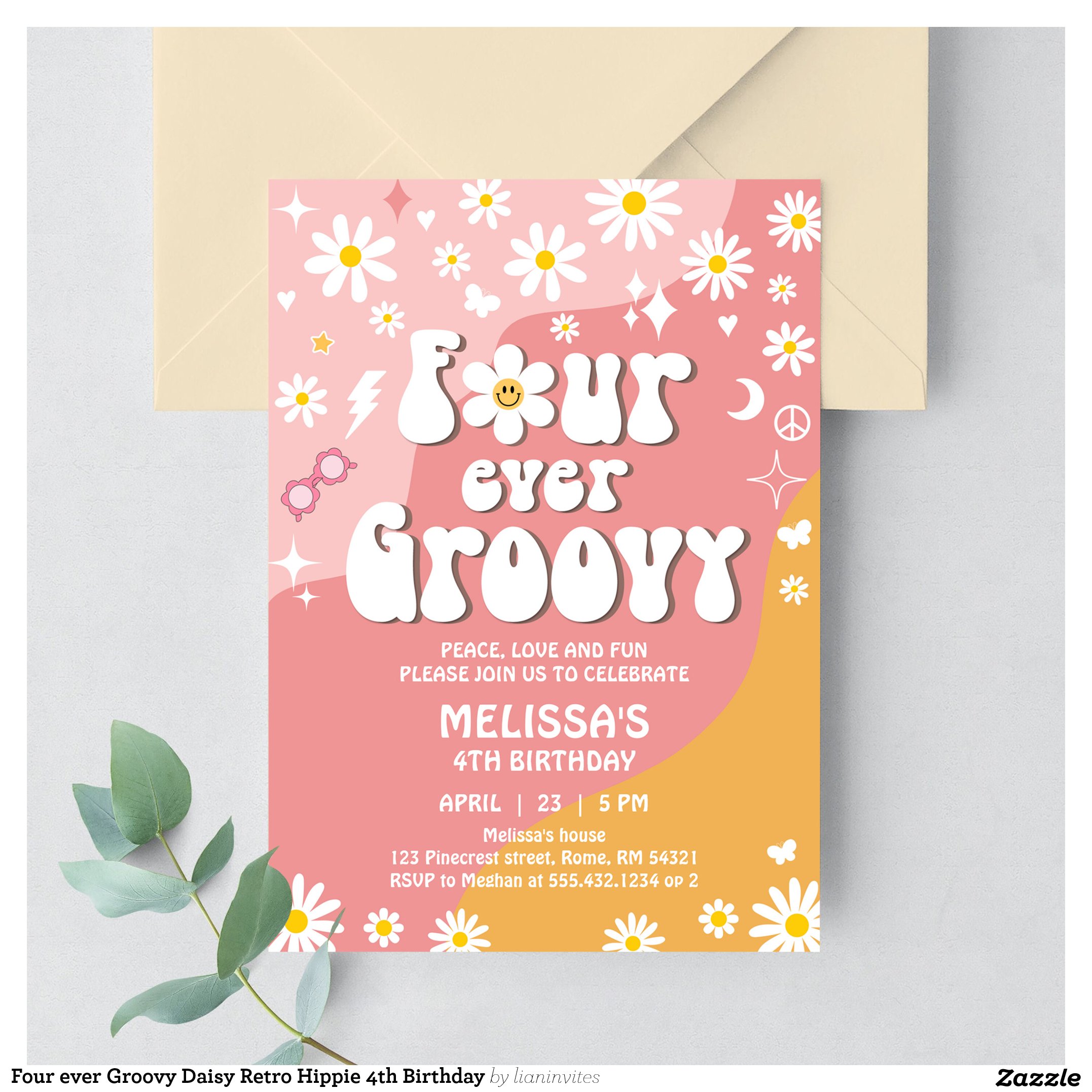 Four ever Groovy Daisy Retro Hippie 4th Birthday Invitation