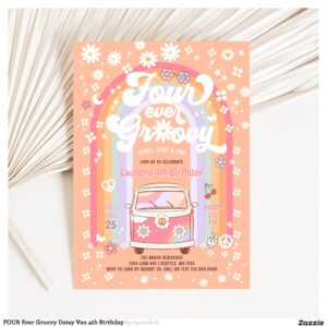 FOUR Ever Groovy Daisy Van 4th Birthday Invitation