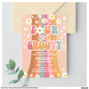 Four Ever Groovy Rainbow Groovy 4th Birthday Invitation