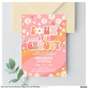 Four ever Groovy Rainbow Hippie 70s 4th Birthday Invitation