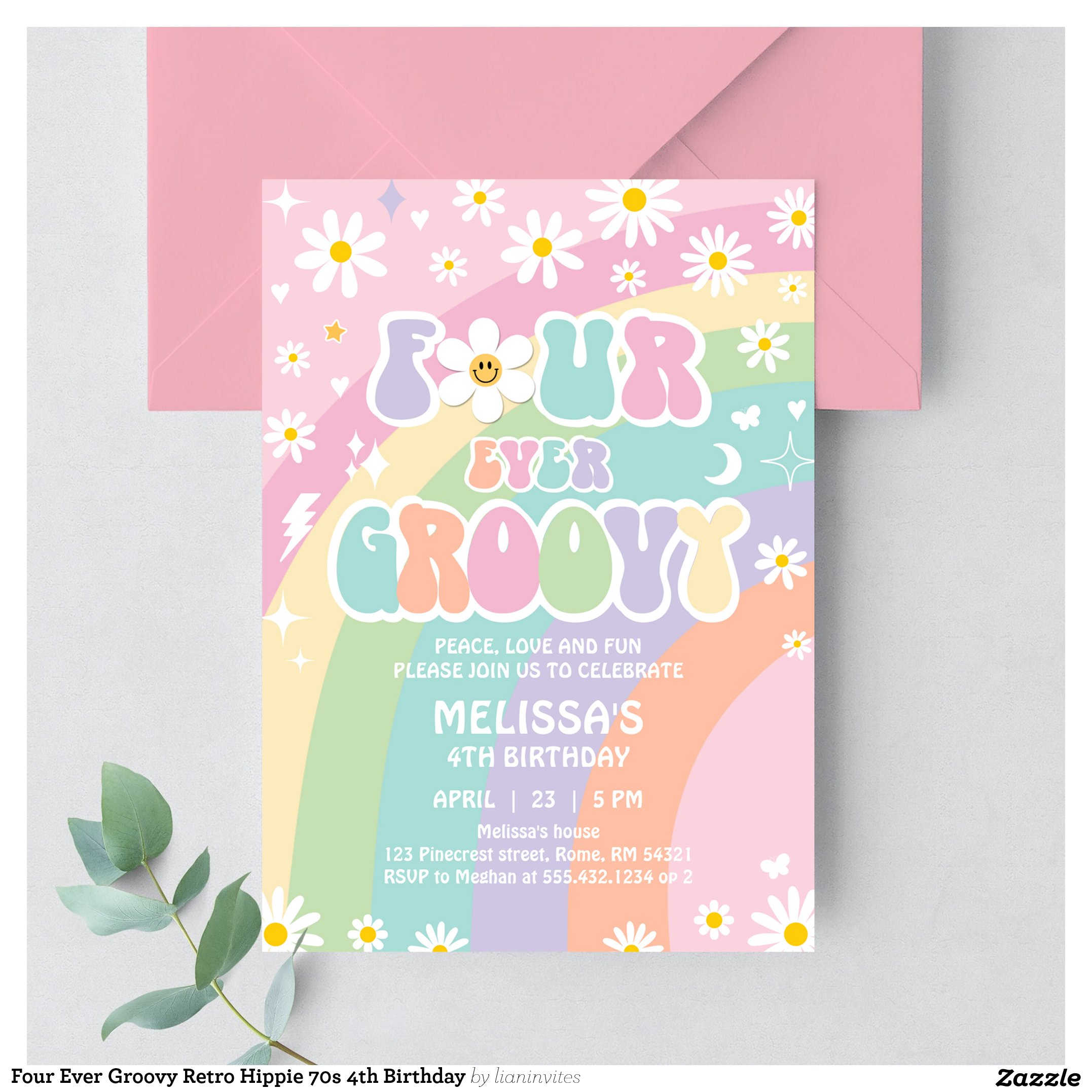 Four Ever Groovy Retro Hippie 70s 4th Birthday Invitation