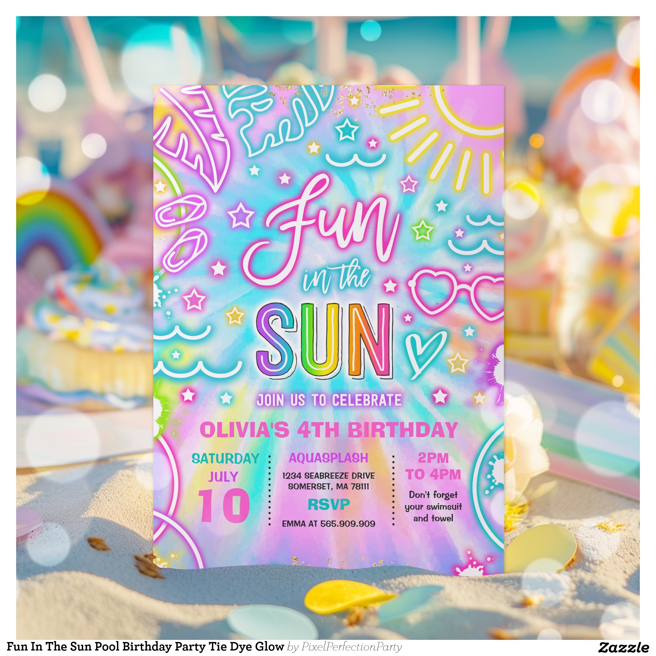 Fun In The Sun Pool Birthday Party Tie Dye Glow Invitation