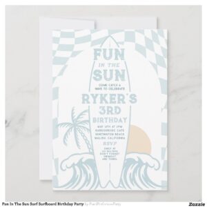 Fun In The Sun Surf Surfboard Birthday Party Invitation