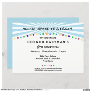 Fun Star Sun Rays Kids Any Age Birthday Invitation