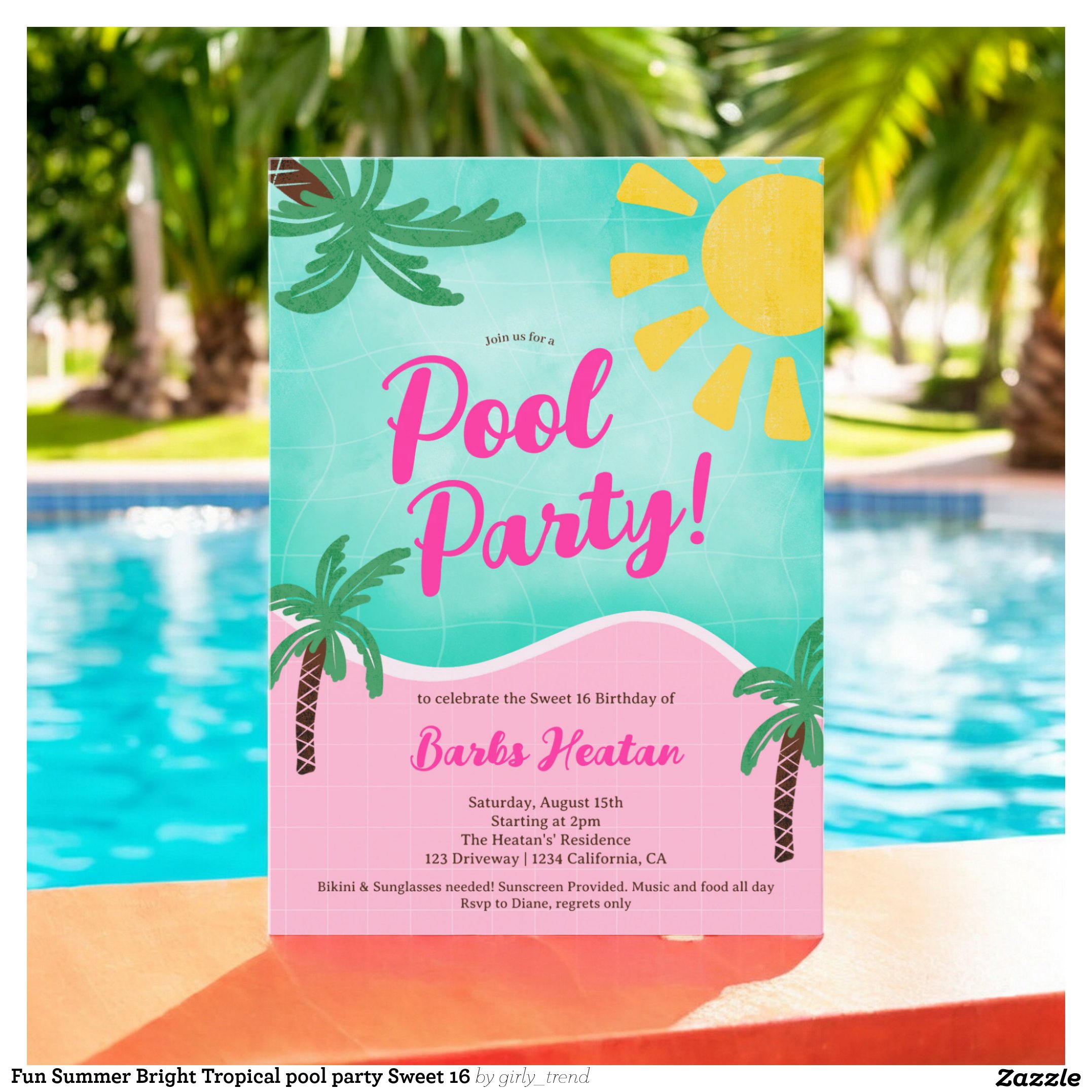 Fun Summer Bright Tropical pool party Sweet 16 Invitation