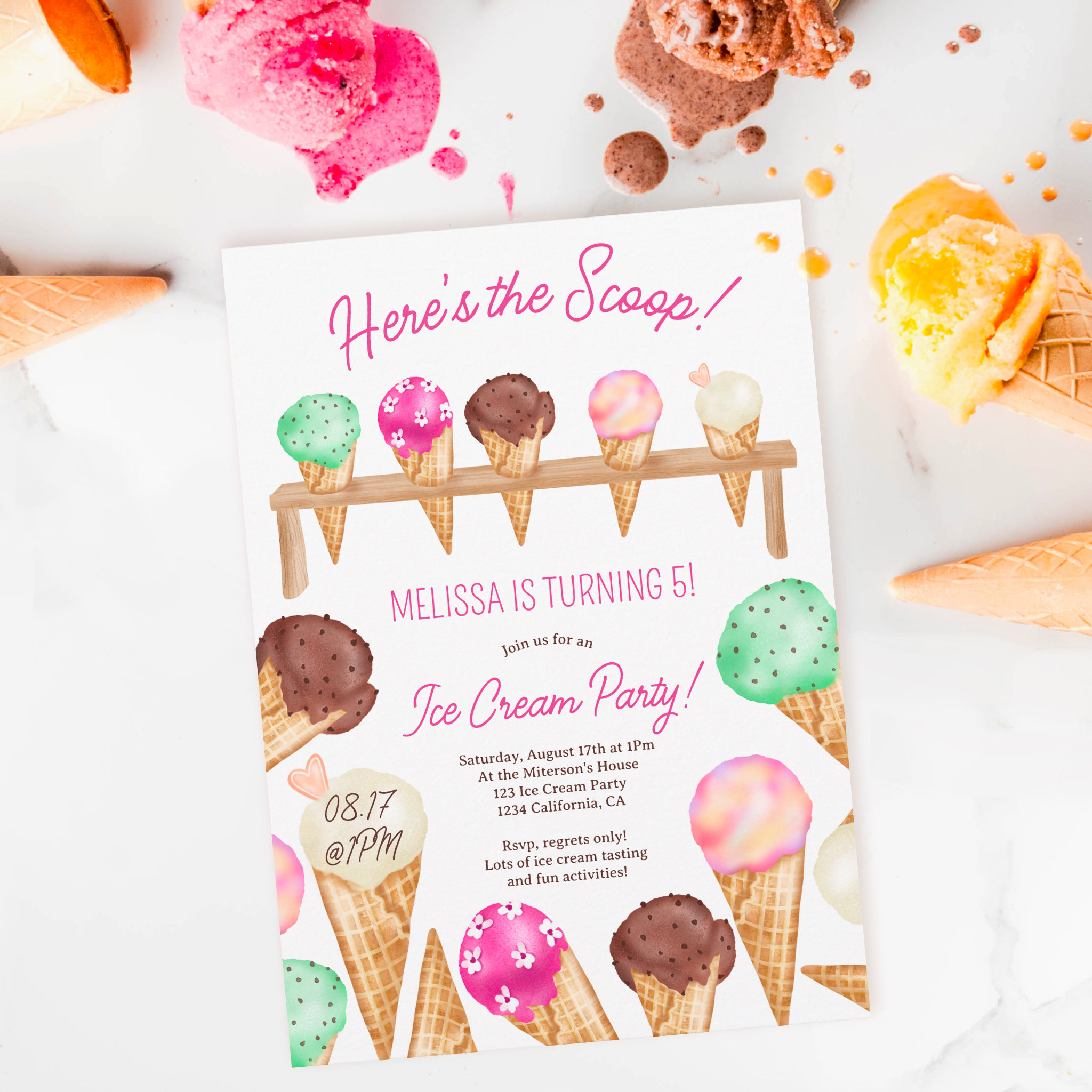 Fun summer Here's the scoop ice cream birthday Invitation