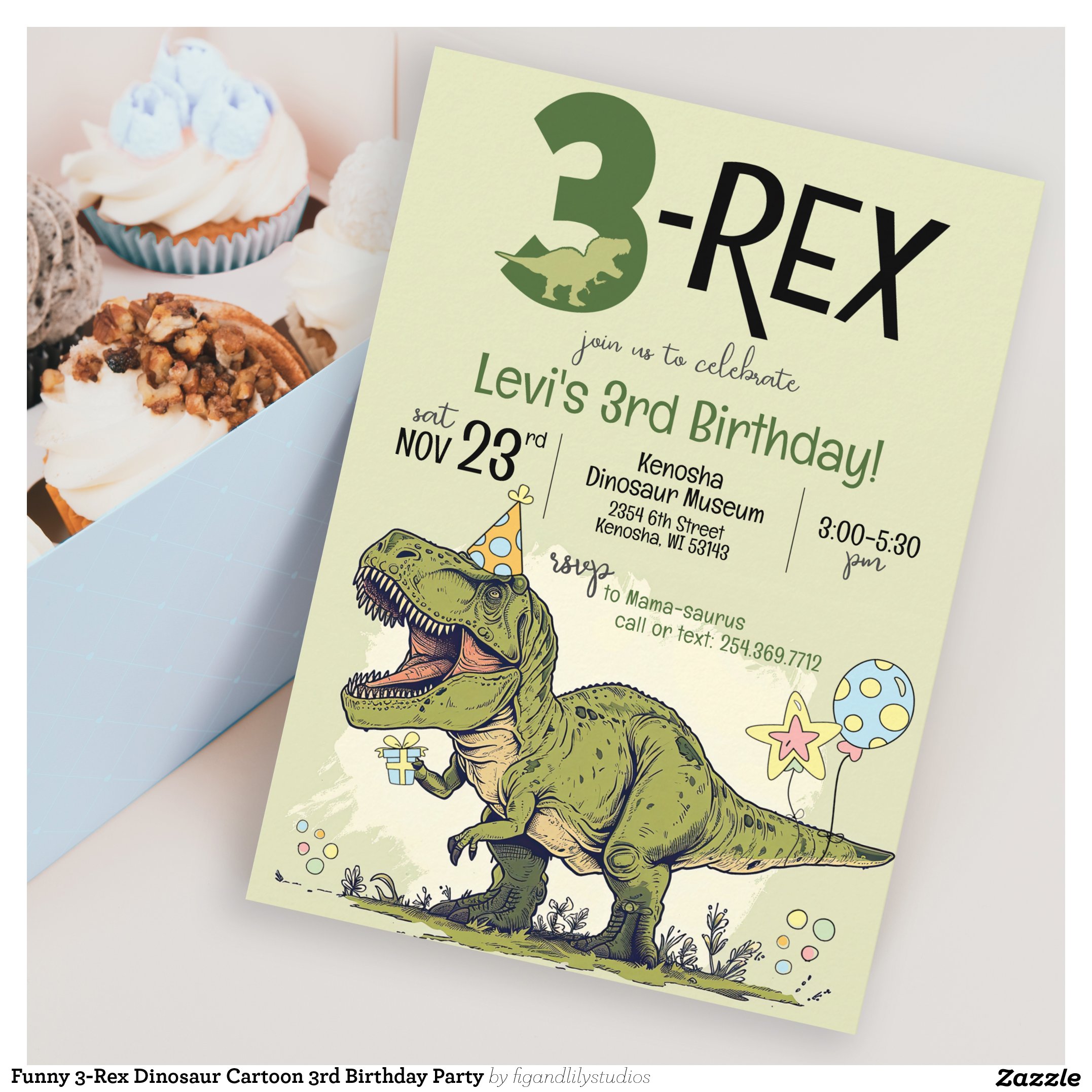 Funny 3-Rex Dinosaur Cartoon 3rd Birthday Party Invitation