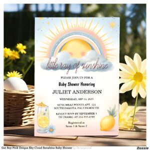 Get Boy Pink Unique Sky Cloud Sunshine Baby Shower Invitation
