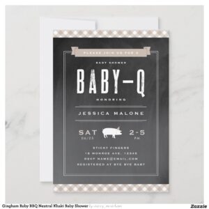 Gingham Baby BBQ Neutral Khaki Baby Shower Invitation