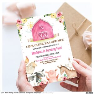 Girl Barn Party Farm Animals Barnyard Birthday Invitation