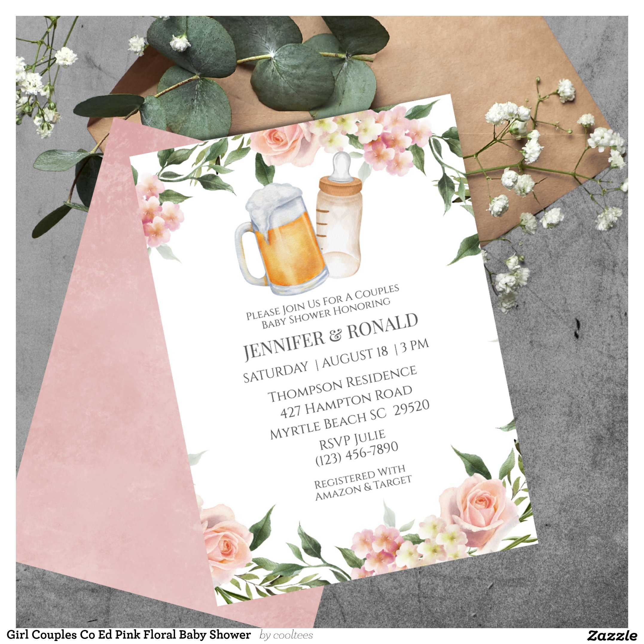 Girl Couples Co Ed Pink Floral Baby Shower Invitation
