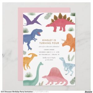 Girl Dinosaur Birthday Party Invitation