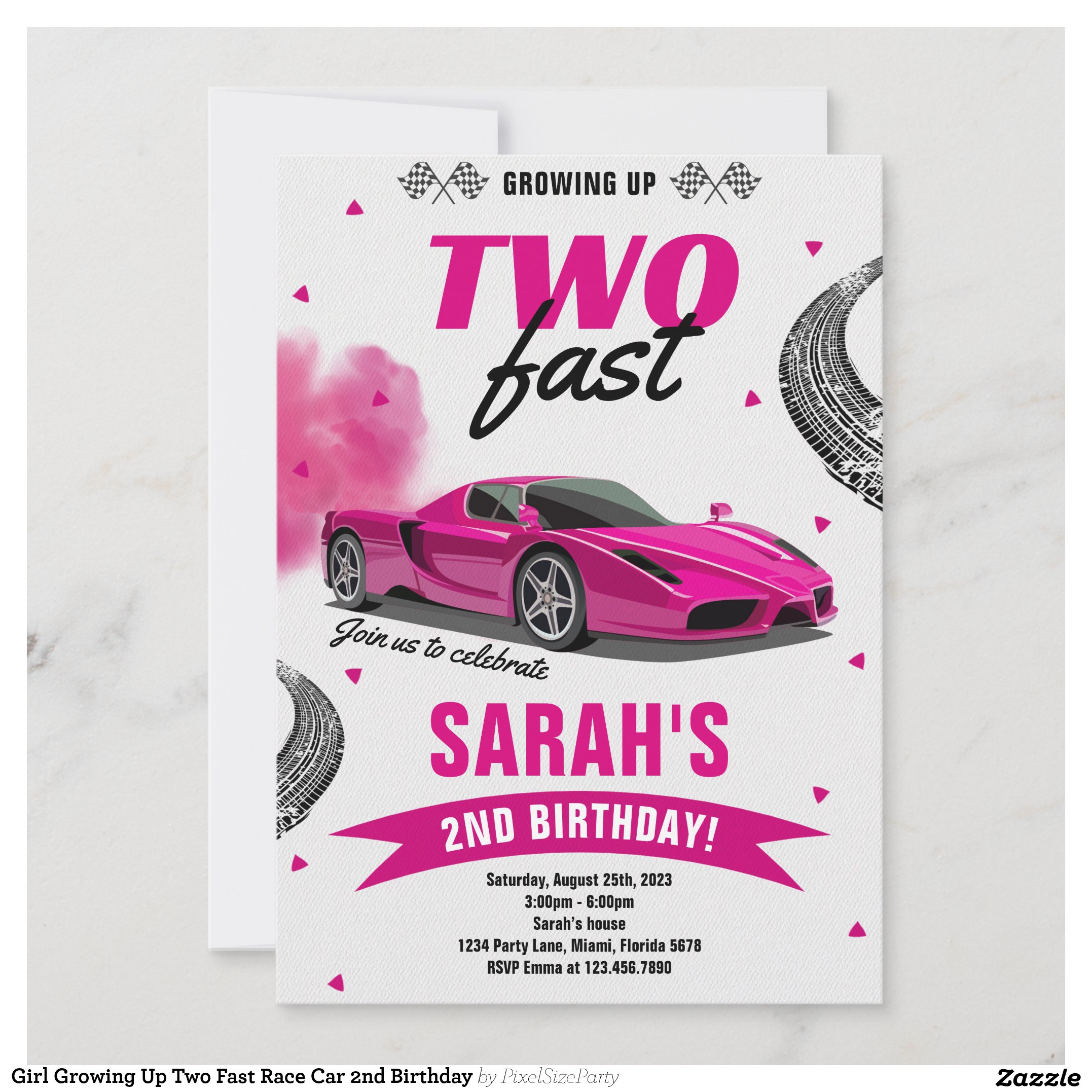 Girl Growing Up Two Fast Race Car 2nd Birthday Invitation