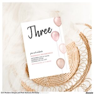 Girl Modern Simple 3rd Pink Balloons Birthday Invitation