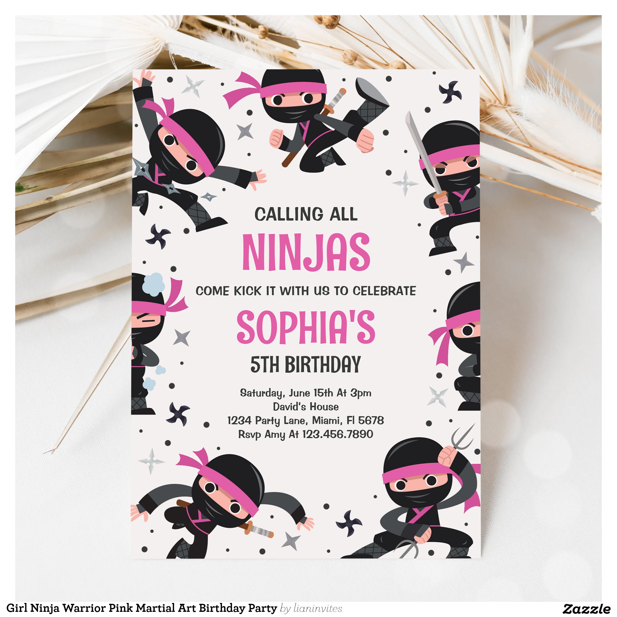 Girl Ninja Warrior Pink Martial Art Birthday Party Invitation