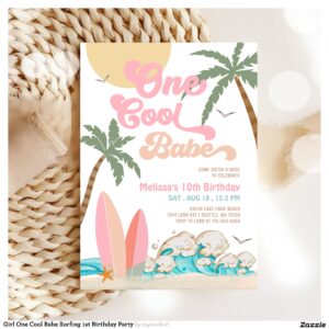 Girl One Cool Babe Surfing 1st Birthday Party Invitation