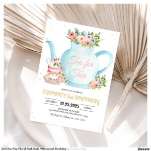 Girl Par-Tea Floral Pink Gold Whimsical Birthday Invitation