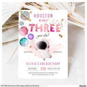 Girl Pink Astronaut Outer Space Balloons Birthday Invitation