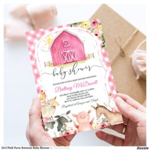 Girl Pink Farm Animals Baby Shower Invitation