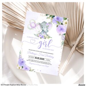 Girl Purple Elephant Baby Shower Invitation