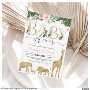 Girl Safari Gold Elephant Giraffe Baby Shower Invitation