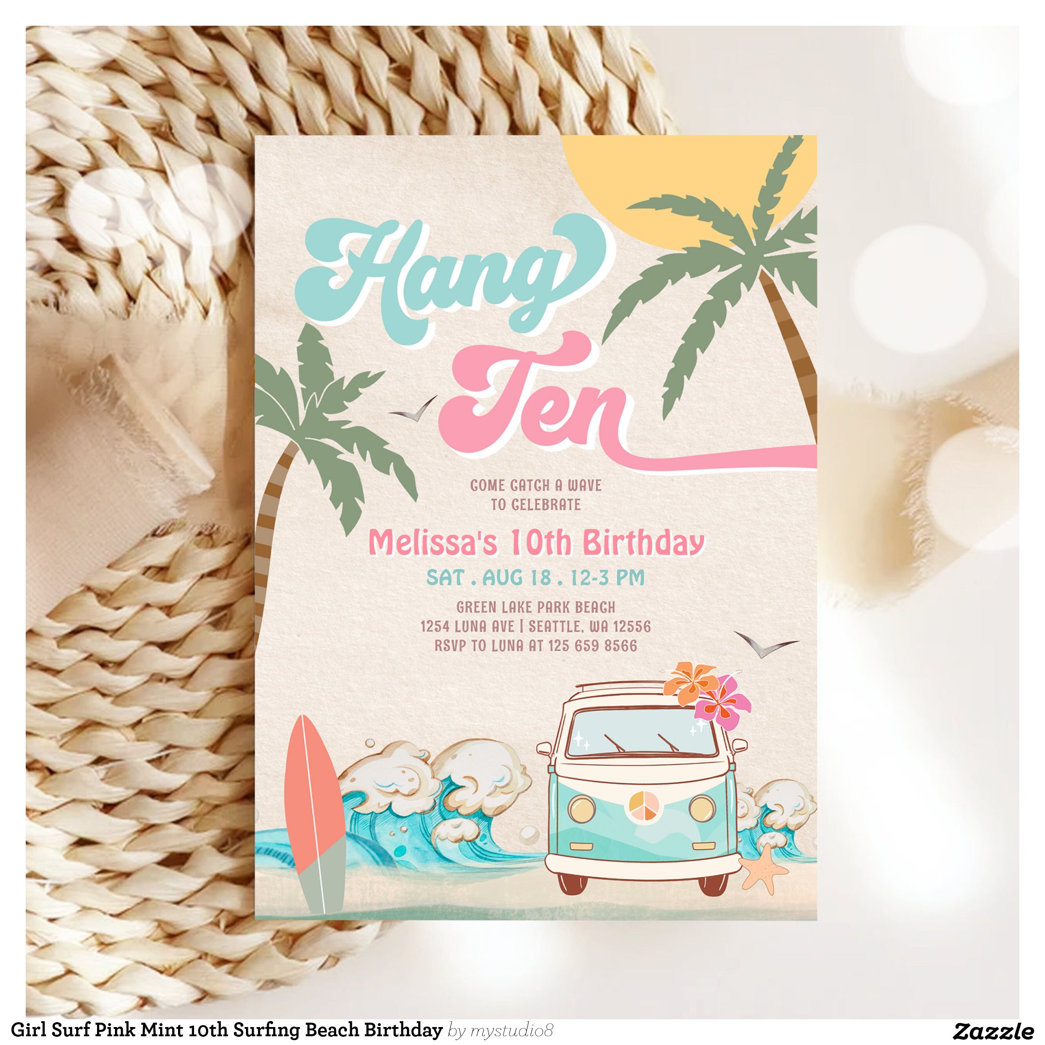Girl Surf Pink Mint 10th Surfing Beach Birthday Invitation