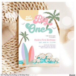 Girl The Big One Surfing 1st Birthday Party Invitation