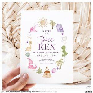 Girl Three Rex Dinosaur 3rd Birthday Invitation