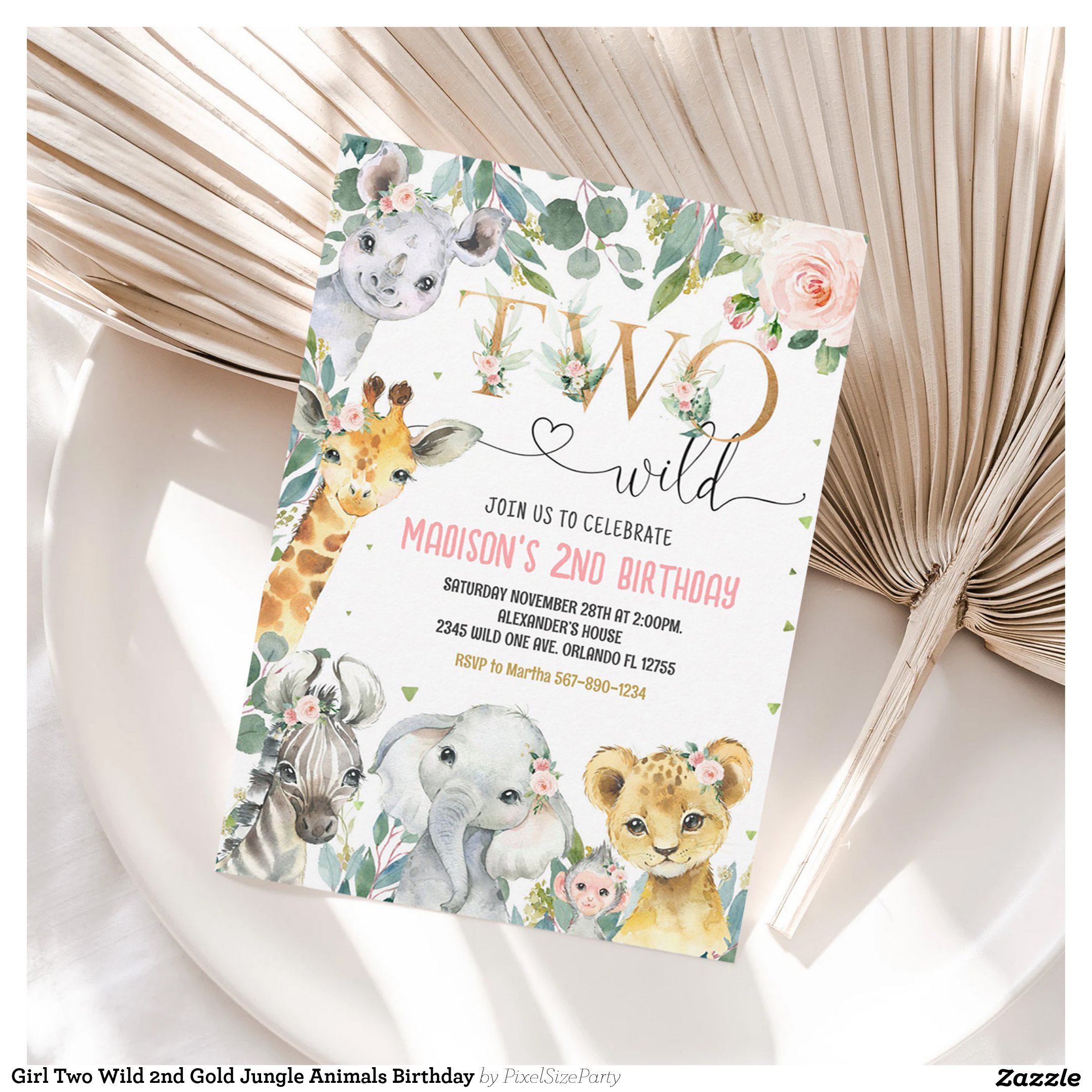 Girl Two Wild 2nd Gold Jungle Animals Birthday Invitation