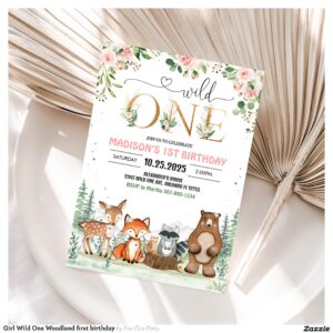 Girl Wild One Woodland first birthday Invitation