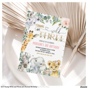 Girl Young Wild and Three 3rd Animal Birthday Invitation