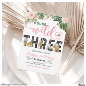 Girl Young wild and three Birthday Invitation