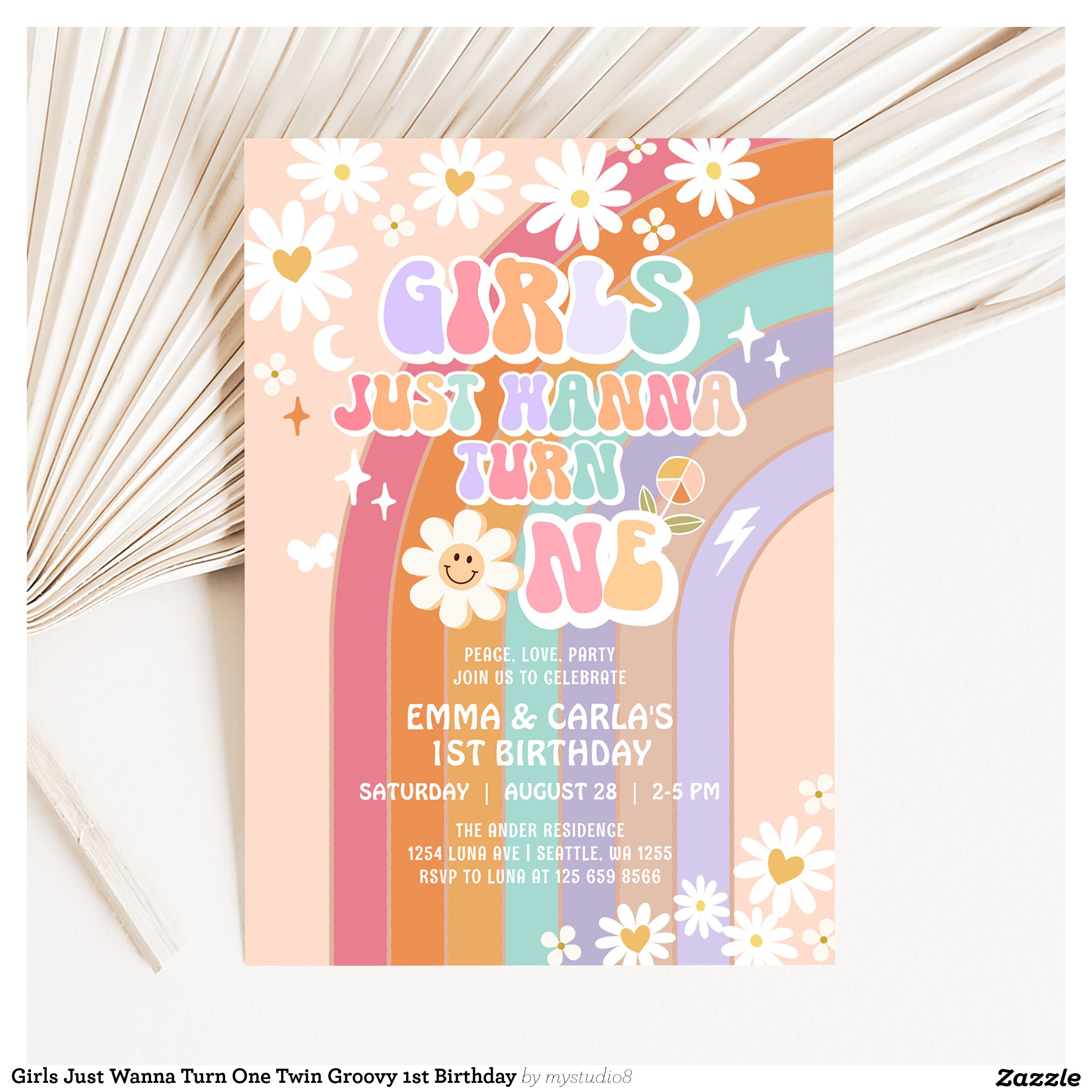 Girls Just Wanna Turn One Twin Groovy 1st Birthday Invitation