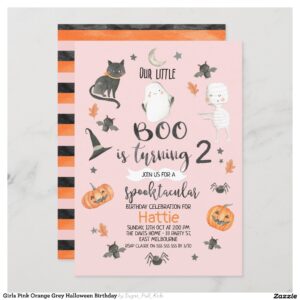 Girls Pink Orange Gray Halloween Birthday Invitation
