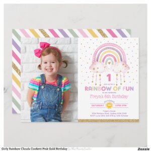 Girly Rainbow Clouds Confetti Pink Gold Birthday Invitation