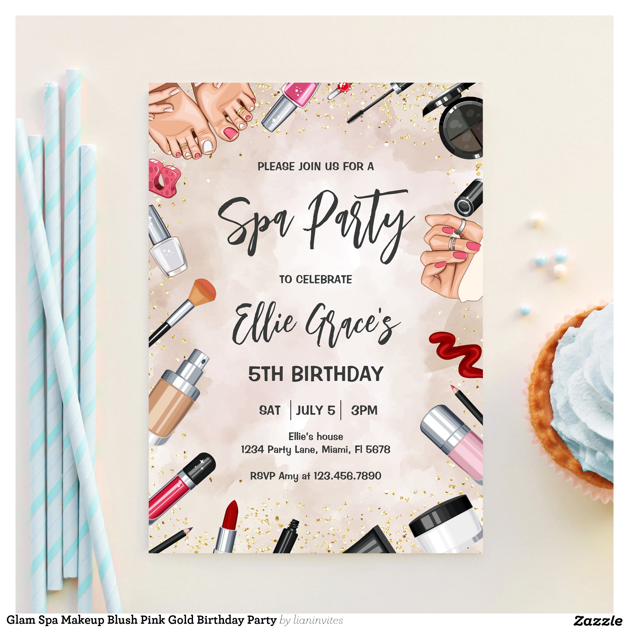 Glam Spa Makeup Blush Pink Gold Birthday Party Invitation