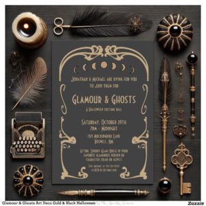 Glamour & Ghosts Art Deco Gold & Black Halloween Invitation