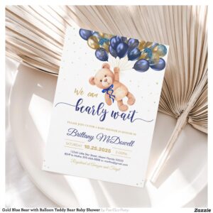 Gold Blue Bear with Balloon Teddy Bear Baby Shower Invitation